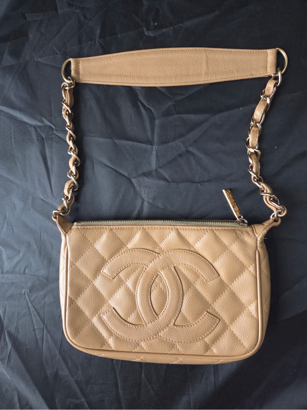 CHANEL Quilted Caviar Leather Crossbody in Beige with Gold Chain